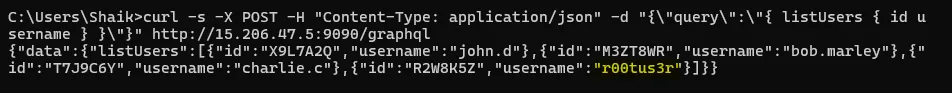 GraphQL listUsers response including the privileged r00tus3r account